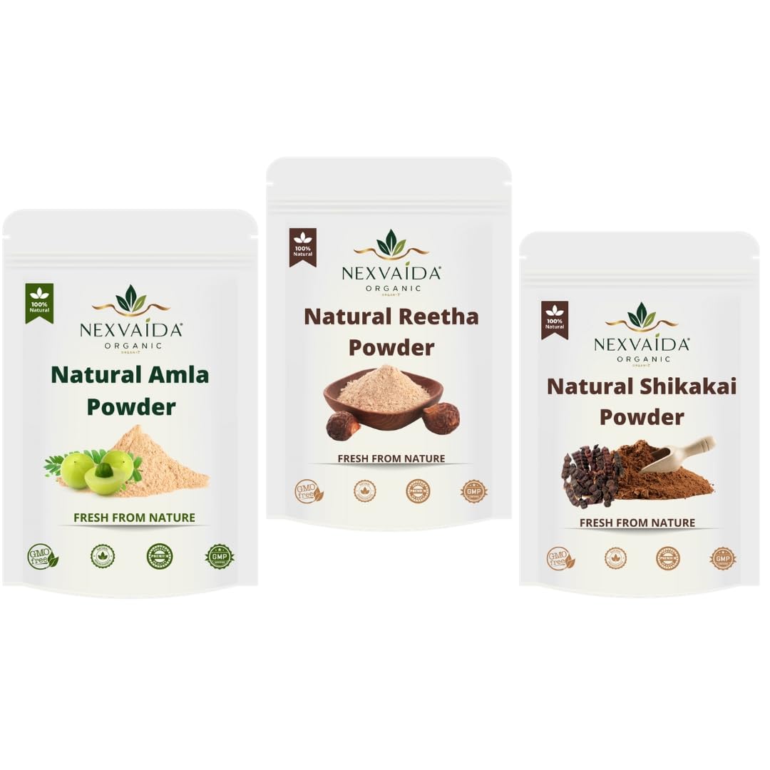 NEXVAIDA Amla, Reetha & Shikakai Powder Combo | Herbal Hair Care Trio for All Hair Types | Pack of 3 | Net Weight 450 Grams