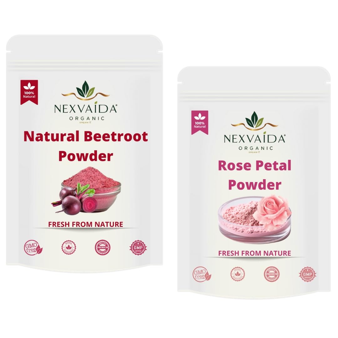 NEXVAIDA Beetroot & Rose Petal Powder Combo | Rich in Vitamin C & Antioxidants for Glowing, Radiant Skin | (Pack of 2) Net Weight 200 Grams