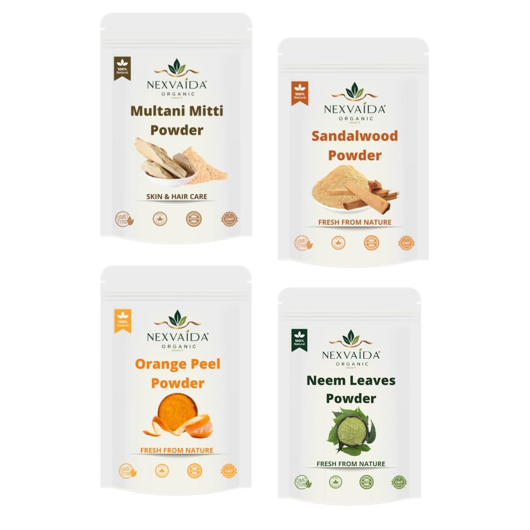 NEXVAIDA Herbal Face Pack Combo | Multani Mitti, Sandalwood, Orange Peel & Neem Powder | 100% Natural Skin Care for Oil Control, Tan Removal & Glowing Skin | (Pack of 4) Net Weight 450 Grams