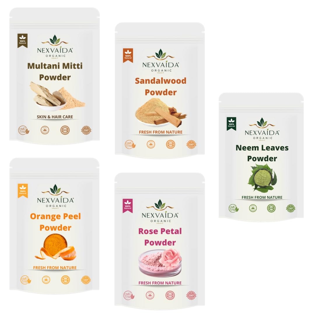 NEXVAIDA Herbal Face Pack | Multani Mitti, Chandan, Orange Peel, Neem & Rose Powder | Pure & Natural Skin Care Powders for Glowing Skin | (Pack of 5) Net Weight 600 Grams
