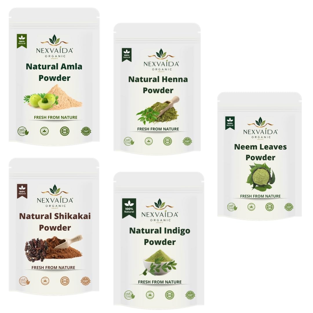NEXVAIDA Hair Care Herbal Pack Amla, Henna, Shikakai, Indigo & Neem Powder | 100% Pure & Natural Hair Growth and Scalp Care Blend | Pack of 5 | Net Weight 250 Grams
